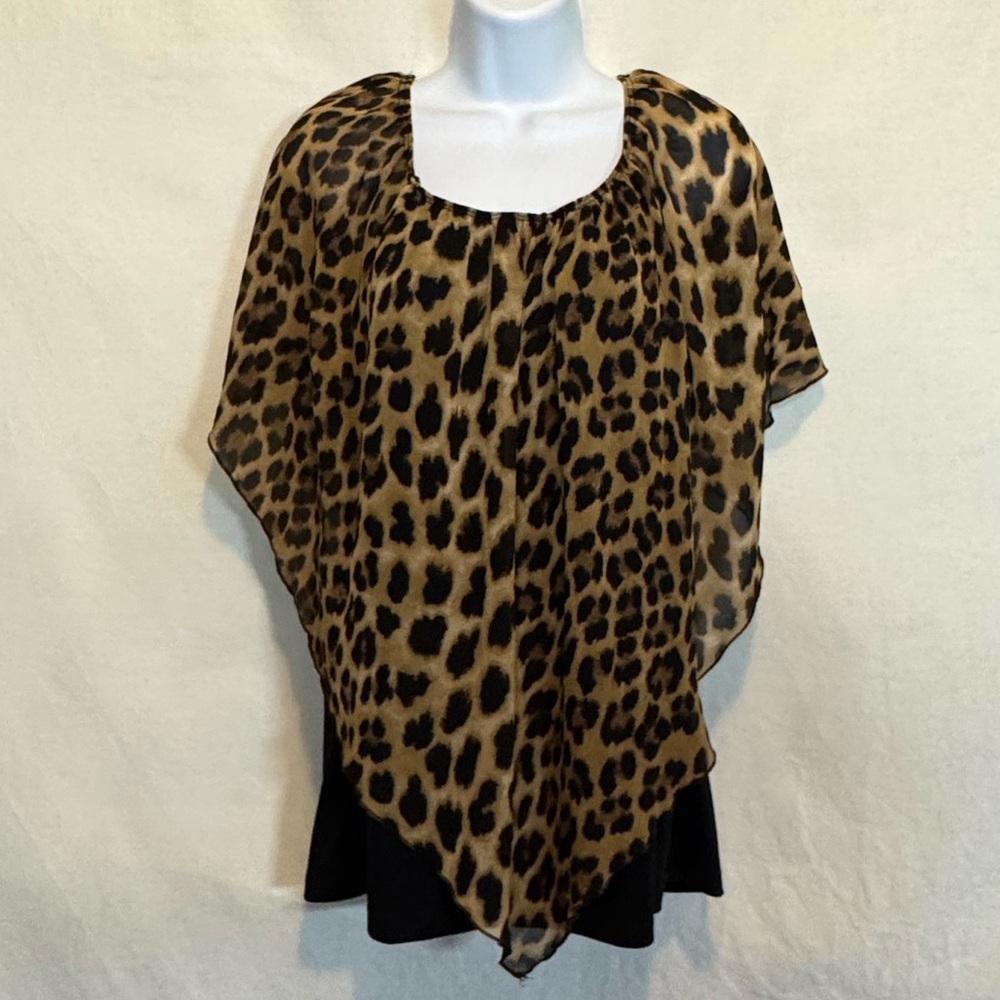 E-76 Cleo PLUS SIZE 1X Black, Cream & Tan Short Sleeve Pullover Layered Blouse